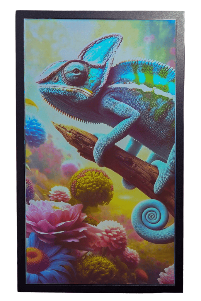low energy epaper display with a colorful image of a chameleon